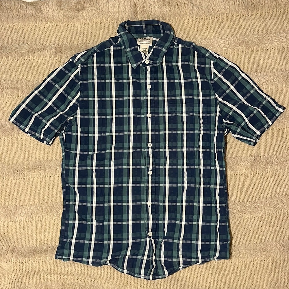 L.L. Bean slightly fitted cotton flannel shirt in white blue and green